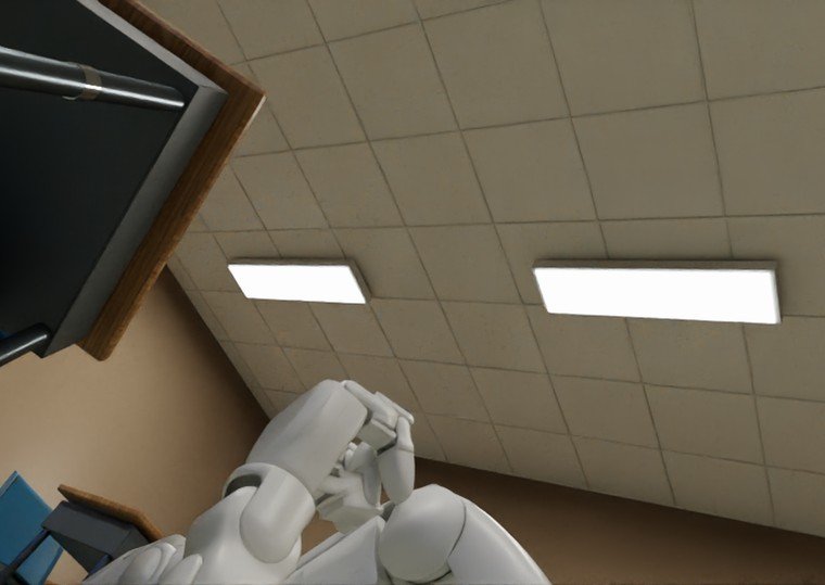 Head camera image of a fallen humanoid looking at the ceiling